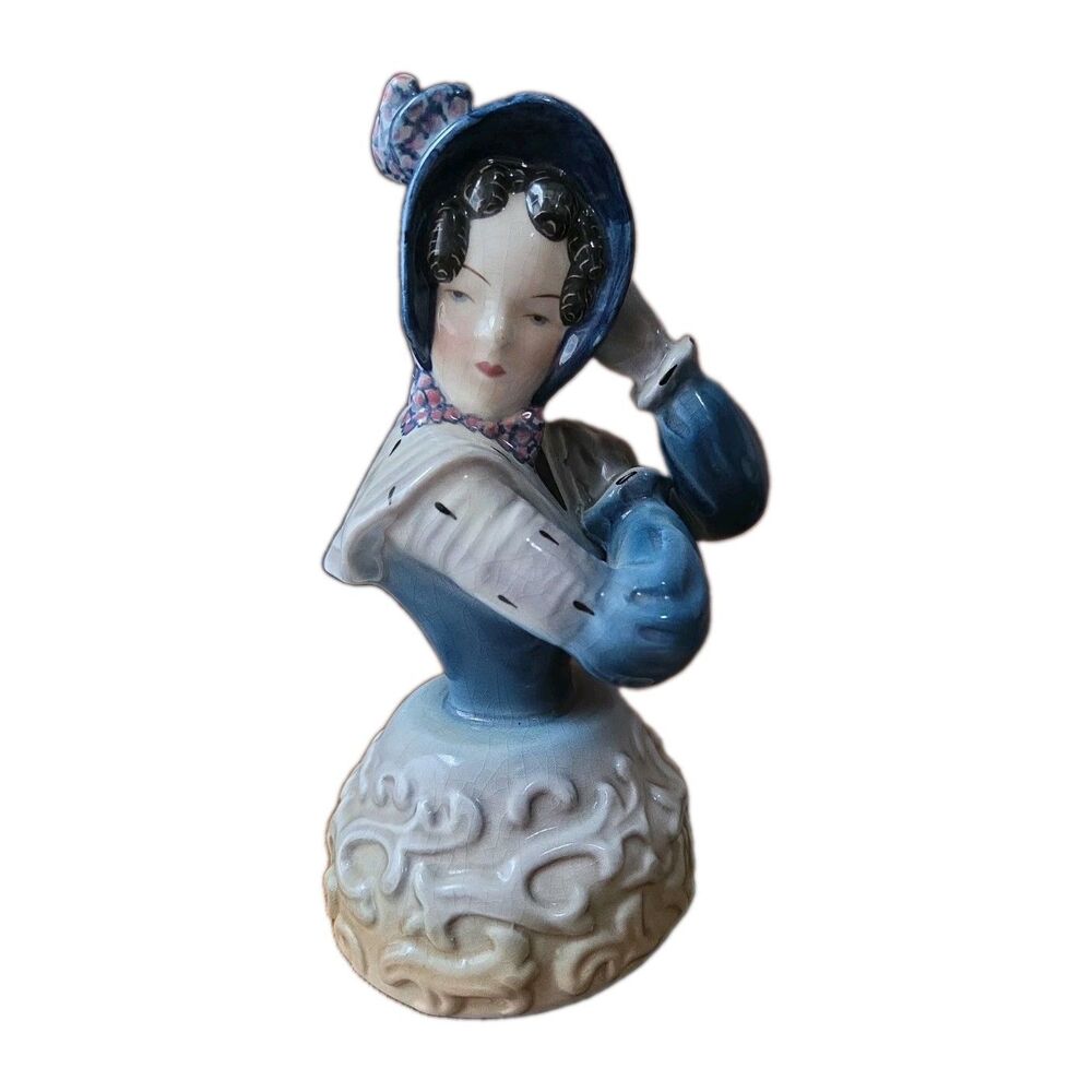 Art Deco Goldscheider USA Porcelain Head Bust Figurine Lady Blue Dress Brown Hai